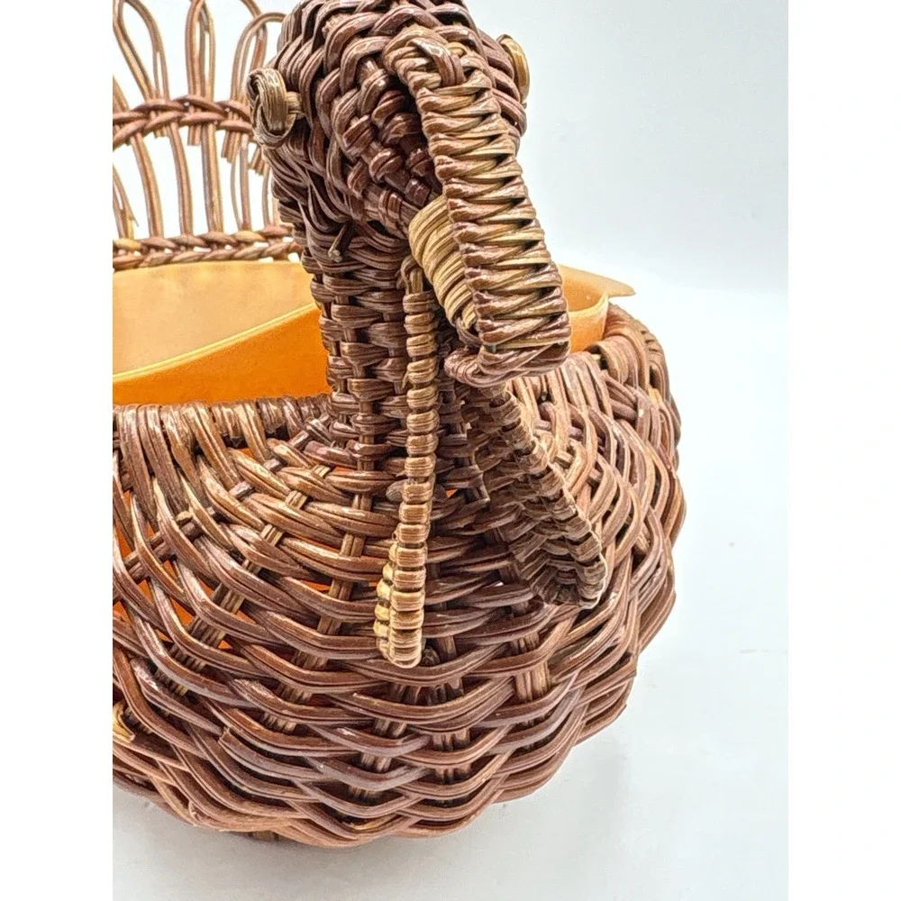 Vintage Woven Wicker Turkey Basket With Plastic Liner Bird Bread Basket